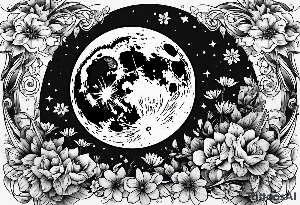 powerful moon and little flowers tattoo idea