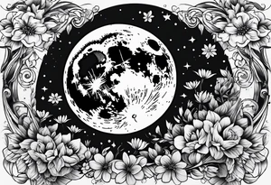 powerful moon and little flowers tattoo idea