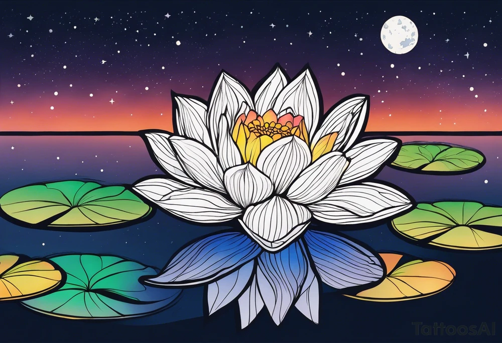 Single Vibrant colorful lotus flower on the pond with the night sky in the background tattoo idea