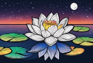 Single Vibrant colorful lotus flower on the pond with the night sky in the background tattoo idea