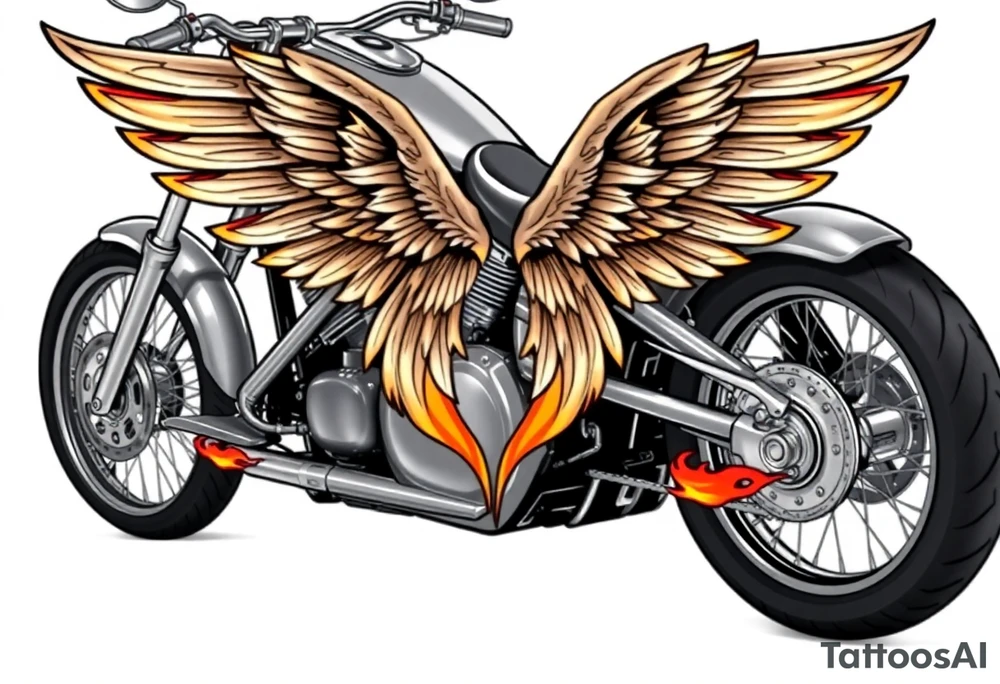 Low rider grey motorcycle, big muffler pipes with flames, angel wings tattoo idea