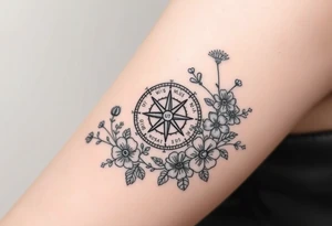 Compass surrounded with wild flowers tattoo idea