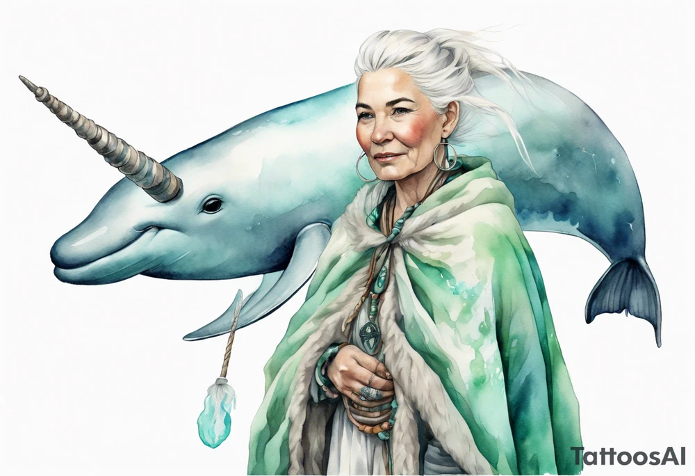 a 45-year-old Sami woman with white  hair wearing a white and mint cloak riding on the back of a realistic narwhal tattoo idea
