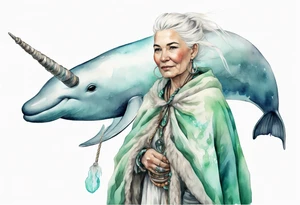 a 45-year-old Sami woman with white  hair wearing a white and mint cloak riding on the back of a realistic narwhal tattoo idea