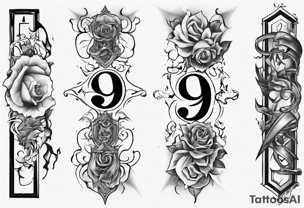 number 9 right side up and upside down connected tattoo black and grey on inside forearm 9:16 aspect ratio tattoo idea