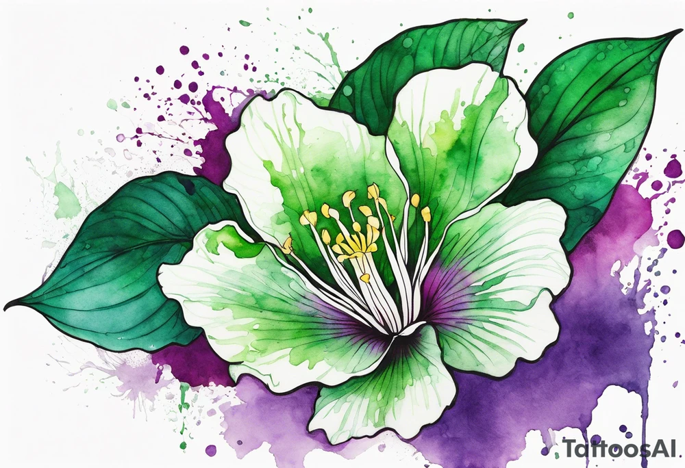 An outline of a green rio dipladenia flower and a green and purple watercolor splash in the background tattoo idea
