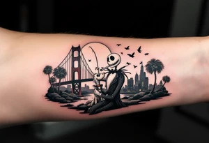 jack skellington with dog,smoking a blunt and fishing,surrounded by city buildings,golden gate bridge, birds, palm trees, tattoo idea