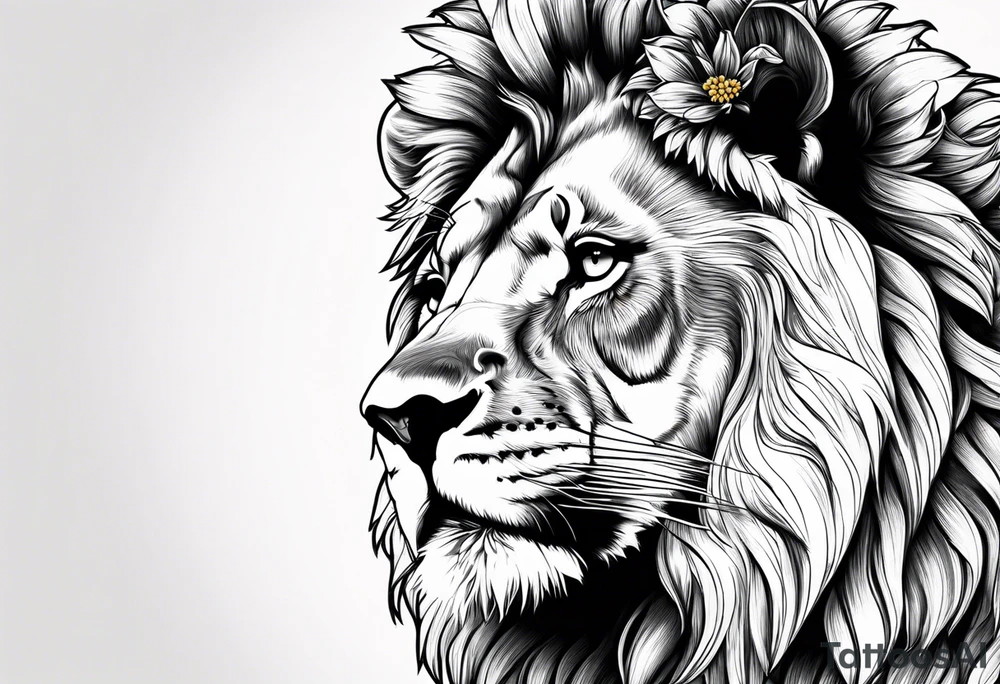 Beautiful lion with a flower headband tattoo idea