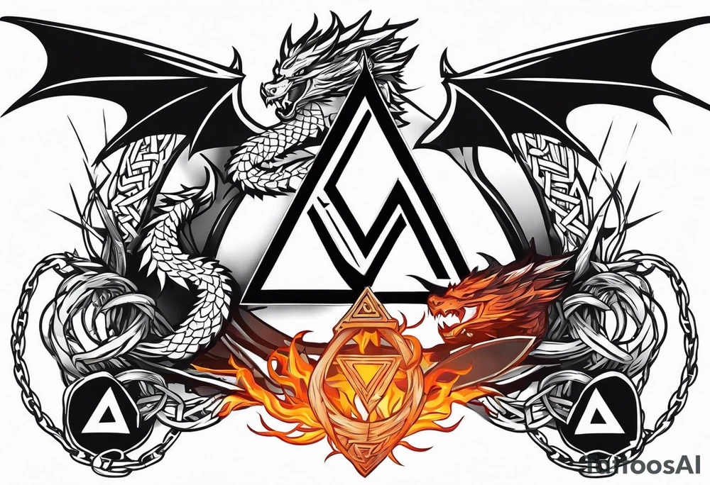 Valhalla sword shield axe barbed wire chains valknut fire dragon tattoo idea Valhalla sword shield axe barbed wire chains valknut fire dragon tattoo idea
