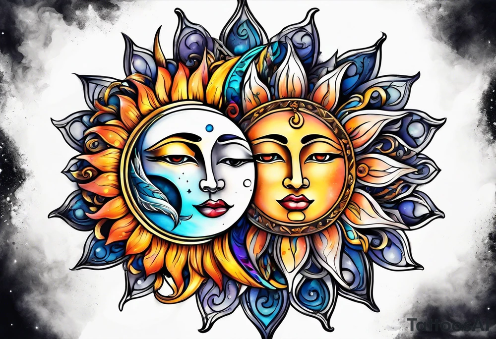 Twin flame with sun and moon tattoo idea