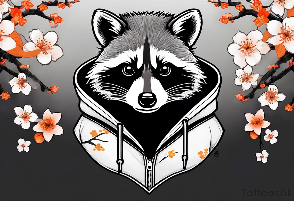 Raccoon wearing a white Superman logo on a black hoodie and orange Japanese cherry blossoms beside tattoo idea