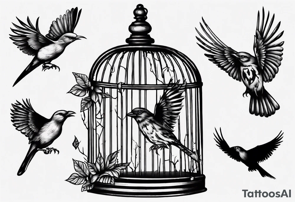 highly detailed bird ecscaping from bird cage, Lynyrd Skynyrd inspired tattoo idea