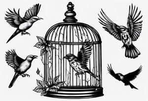 highly detailed bird ecscaping from bird cage, Lynyrd Skynyrd inspired tattoo idea