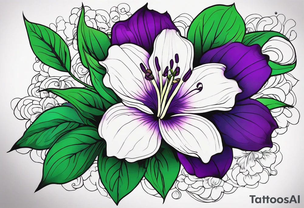 An outline of a rio dipladenia flower with green/purple pedals and a green/purple watercolor splash in the background tattoo idea