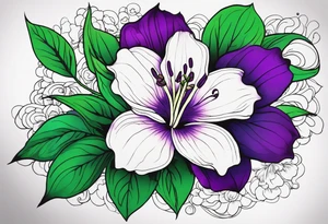 An outline of a rio dipladenia flower with green/purple pedals and a green/purple watercolor splash in the background tattoo idea