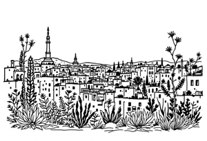 Barcelona cityscape, Spanish plants, leg sleeve tattoo idea