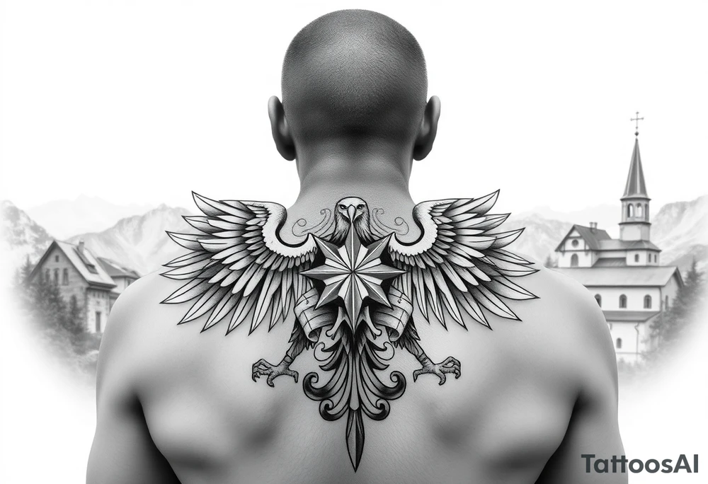 i am looking at getting a russian / serbian style double headed eagle like the coat of arms spread out on my back neck across my shoulders / traps in a orthodox christian church style setting with a sun beaming and in a mountainous setting, such as a Sovereign of the Mountain and an orthodox church in the background with the russian orthodox spire of the orthodox church being visible on my neck tattoo idea