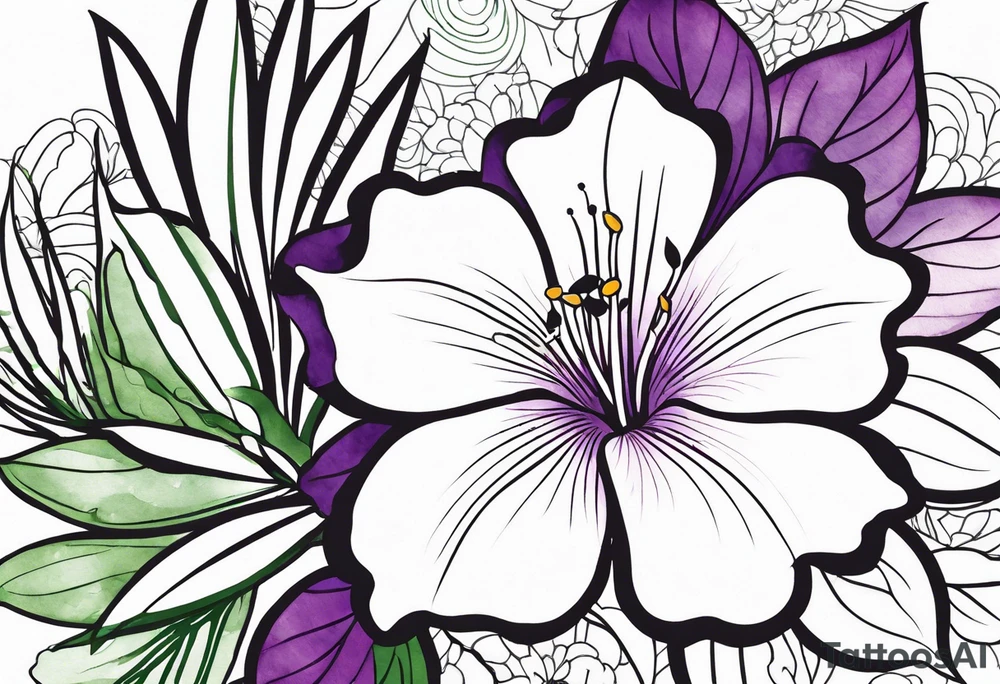 An outline of a rio dipladenia flower with a green and purple watercolor mix in the background tattoo idea