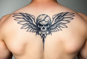 Ángel caído o ángel de la muerte (alas negras, mirada sombría). tattoo idea