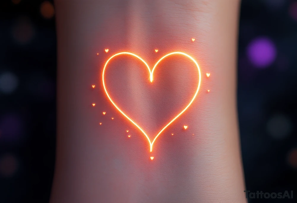 A symbol of rune of love in the shape of a heart, carved with clean, sharp edges. The design glows with a warm golden light, and the background features a lavender glow. Tiny hearts float around the symbol, representing infinite devotion. tattoo idea