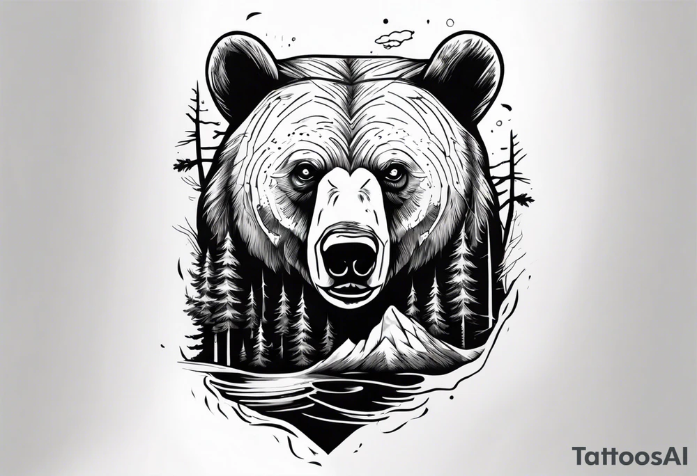 bear head right above the forest line with a lake below, full arm sleeve tattoo tattoo idea