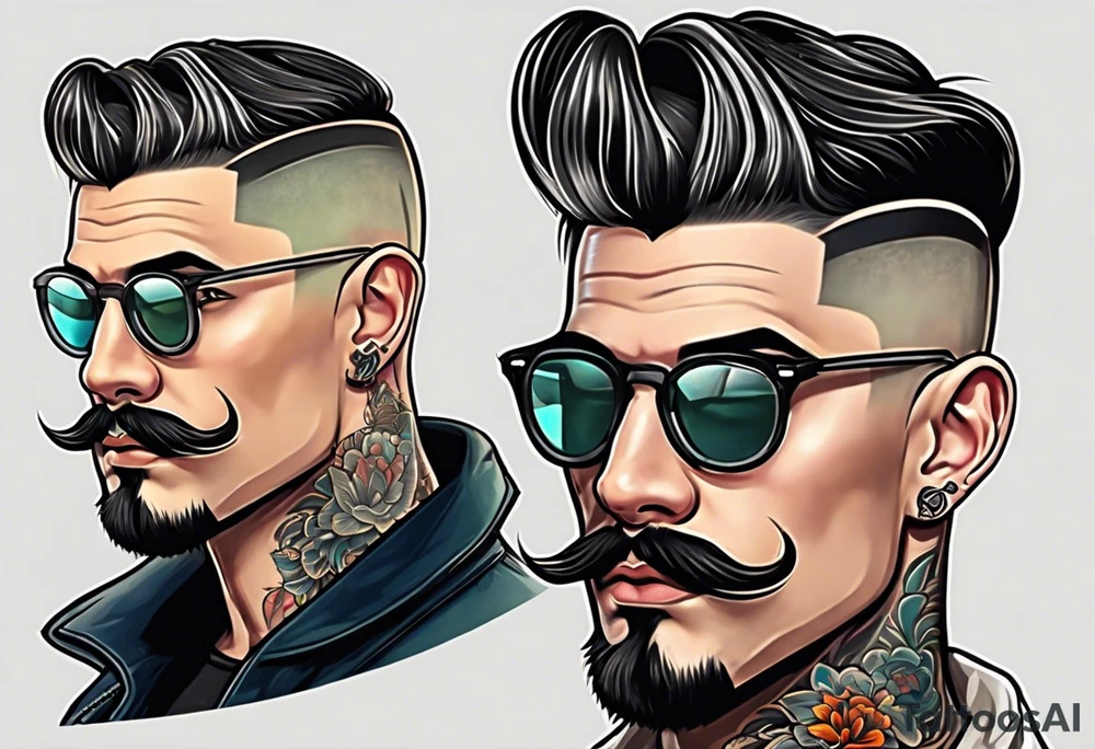 Attractive Male, slim oval face, sunken eyed, Short mustache, tools, ray-bans, no hair on sides and pony-tail on top, mechanic tattoo idea