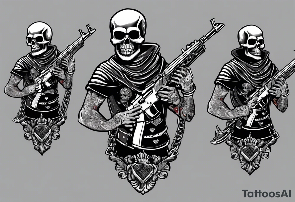 image of a skeleton standing frontally with a crown on his head, holding an AK-47 on his shoulder with his right hand. The chain on the left should be taut, there are three angry barking Dobermans in it, near the waist tattoo idea