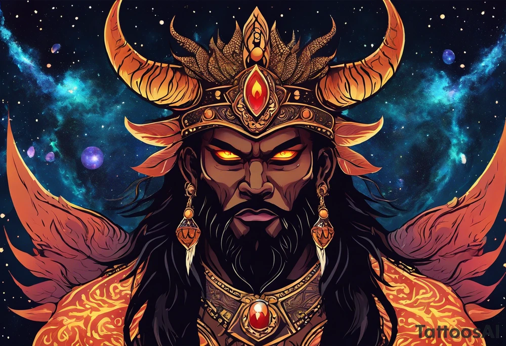 A majestic demon king with a skull-styled face and devilish features is depicted in this image. The king's deep-set glowing galaxy-styled large eyes give off an aura of power and mystery. The king's head is acting as dreamcatcher and has braids styled like predator, with 2-3 ending with flame-styled feathers. The king's face is intricately dotted in narsimha/ rudra symbols. The head has a crown shaped blue and orangish flames with intricate and prominent koru maori symbols in the shape of trishul/ trident. The image is filled with vibrant colors, with deep blue, purple, and violet, with bright orange and yellow. This face bust (only face) is atop of a torii gate which is in a brush stroke style, somewhat visible. The king looks regal and powerful. tattoo idea