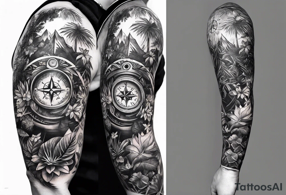 sleeve tattoo with jungle plants, compass, all-seeing eye tattoo idea