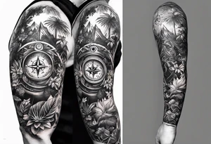 sleeve tattoo with jungle plants, compass, all-seeing eye tattoo idea