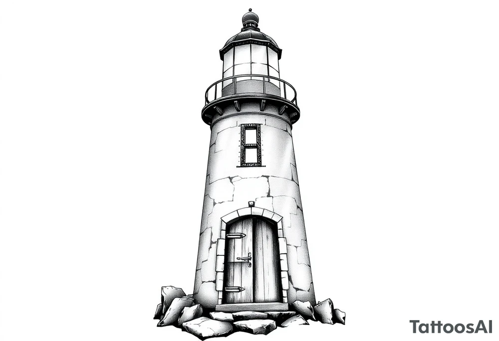 Lighthouse with beams of light with a few windows and an old door with tattoo idea