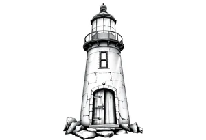 Lighthouse with beams of light with a few windows and an old door with tattoo idea