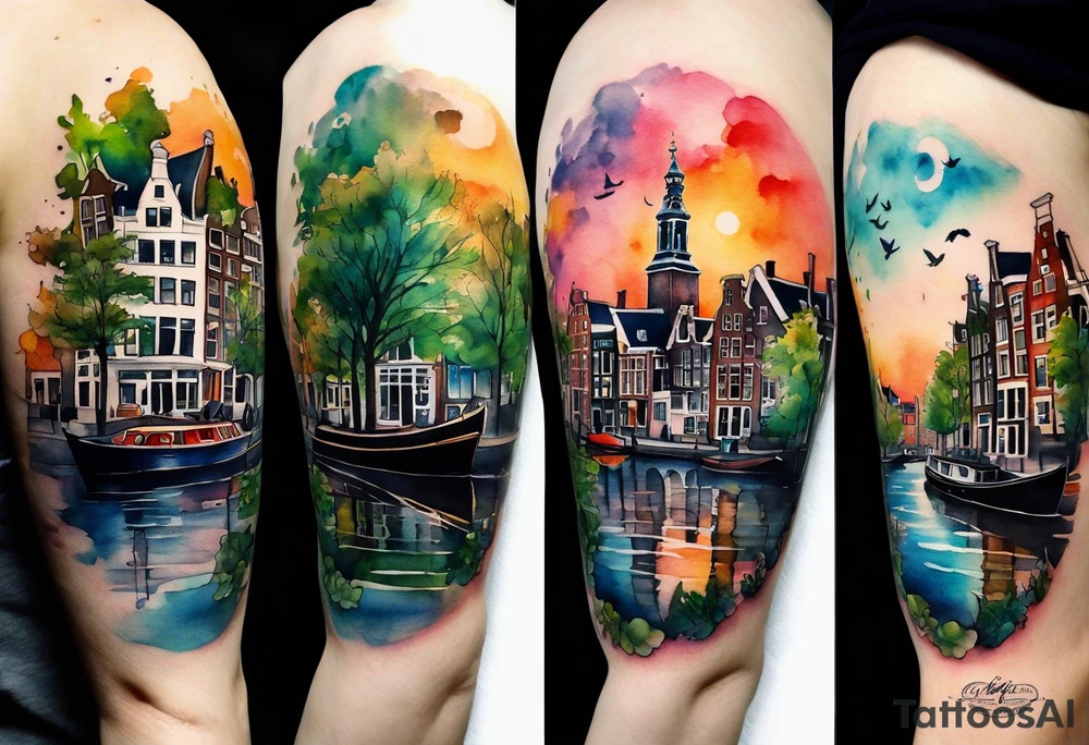 Watercolour style arm tattoo of animals and wildlife in Amsterdam canal tattoo idea