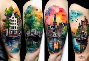 Watercolour style arm tattoo of animals and wildlife in Amsterdam canal tattoo idea