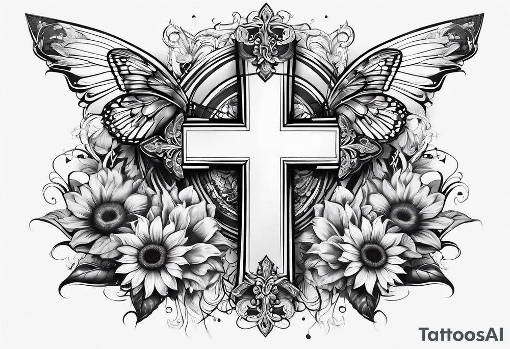 Winged cross with sunflower and butterflies tattoo idea