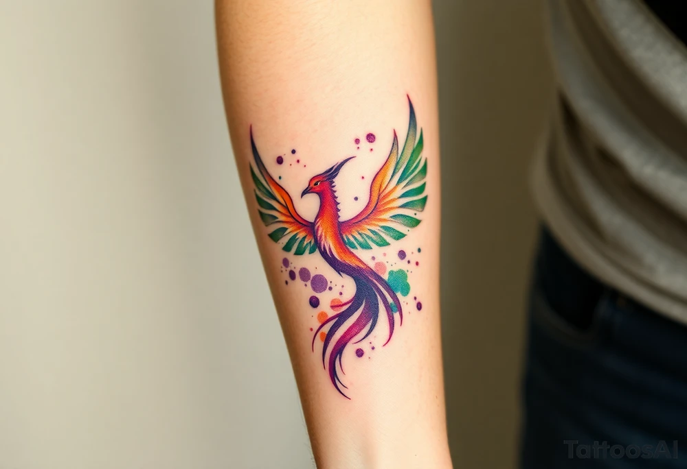 Phoenix being born with blazing flames with purple and green splashes tattoo idea