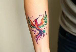Phoenix being born with blazing flames with purple and green splashes tattoo idea