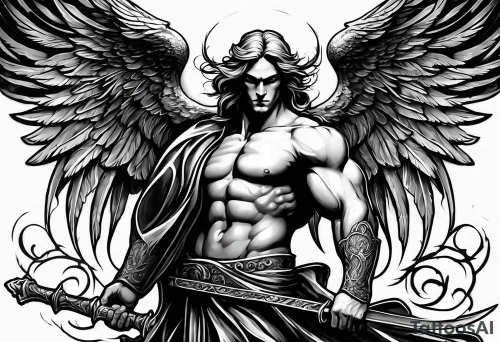 Male American guardian angel with a sword and possessed angel from hell combined together tattoo idea