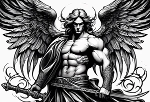 Male American guardian angel with a sword and possessed angel from hell combined together tattoo idea