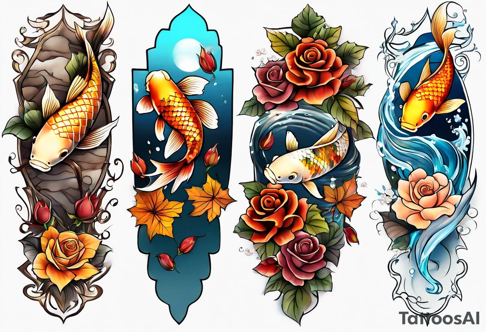 thigh tattoo with fall colors showing, leaves, koi fish, small flowers, roses, water flow, and sky tattoo idea