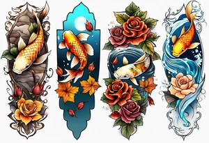 thigh tattoo with fall colors showing, leaves, koi fish, small flowers, roses, water flow, and sky tattoo idea
