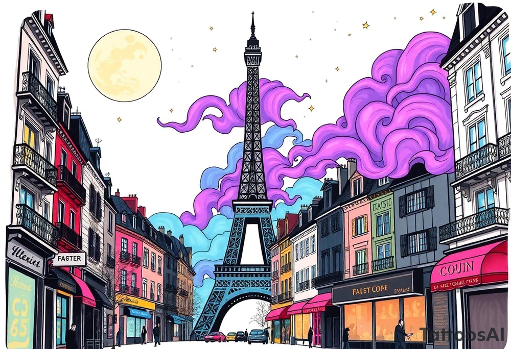 Tim Burton’s paris streets with effel tower from outside view is the street is littered with neon signs purple and cyan smokey clouds swirl and dance in the moonlit night sky filled with twinkling stars  tattoo idea tattoo idea