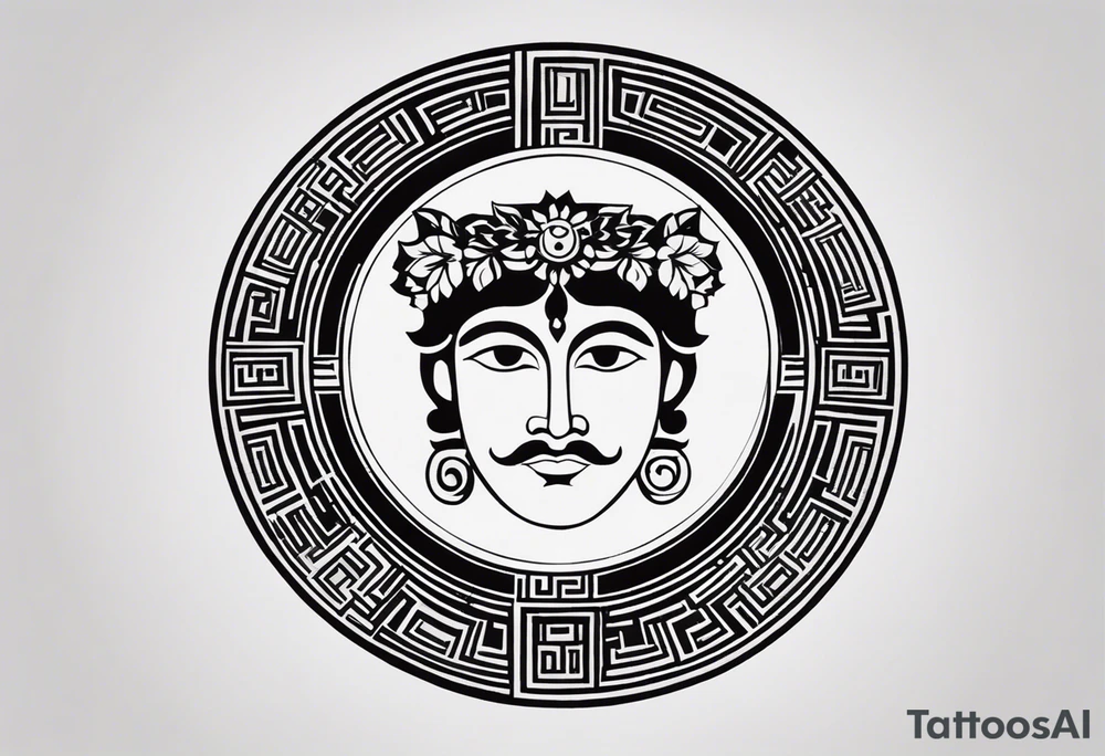 "Design a minimalist round tattoo inspired by ancient Greek art, centered around Dionysus and his love for theater. Create a circular composition with Dionysus depicted in the center, holding a theatrical mask and a goblet of wine. Surround him with simple yet symbolic elements such as geometric patterns reminiscent of ancient Greek pottery. Ensure the design maintains a minimalist style, with clean lines and limited detail, while capturing the essence of Dionysus's affinity for both wine and theater within the circular frame." tattoo idea