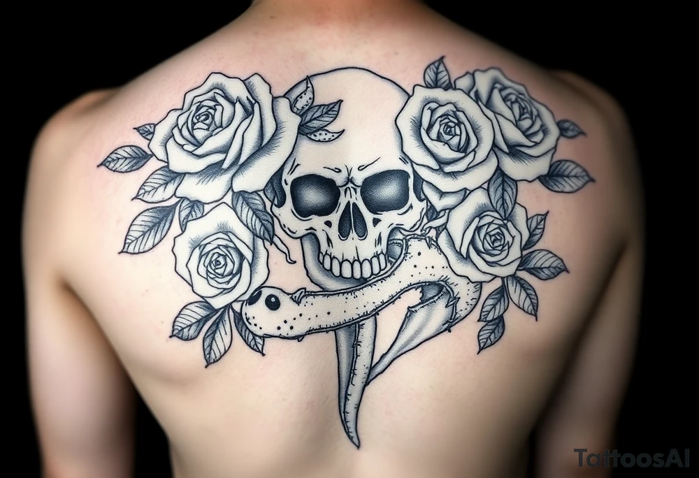 .
dreamy gothic bloom vibe, rose-heavy with dark edges. Imagine swapping the face for your skull, add the gator's tail curling up from the bottom like it's guarding the petals. has the blackwork feel—clean lines, thorny roses, easy to layer an alligator jaw underneath. tattoo idea