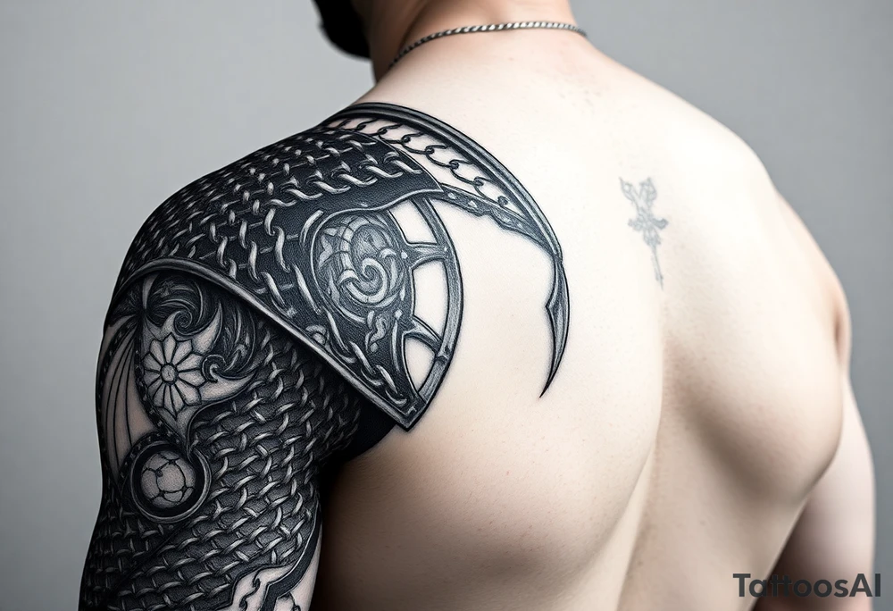 Huge shoulder tattoo of chainmail and plate armor covering entire arm tattoo idea