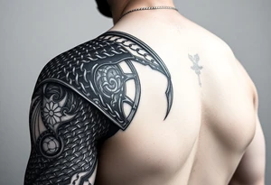 Huge shoulder tattoo of chainmail and plate armor covering entire arm tattoo idea
