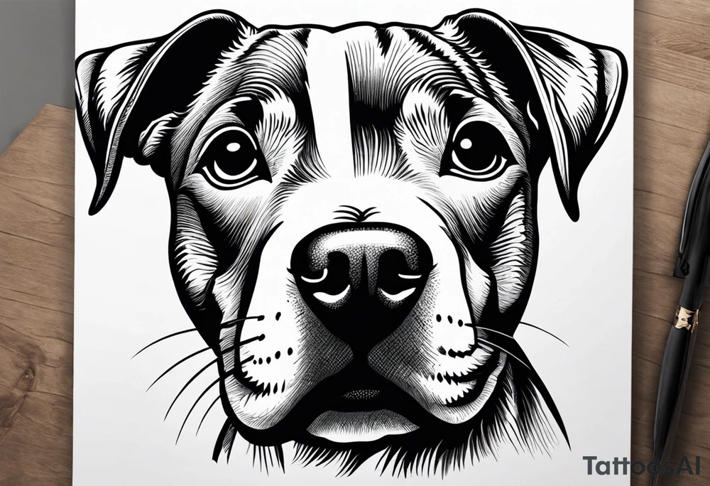 "A small, highly detailed tattoo design of an adorable Pitbull puppy, focusing on its expressive eyes and gentle facial features. The tattoo should capture the puppy's soft fur, with a slight smile and floppy ears, giving it a cute and friendly appearance. The design should be minimalistic and fine-lined, with realistic shading to emphasize the microrealistic style." tattoo idea