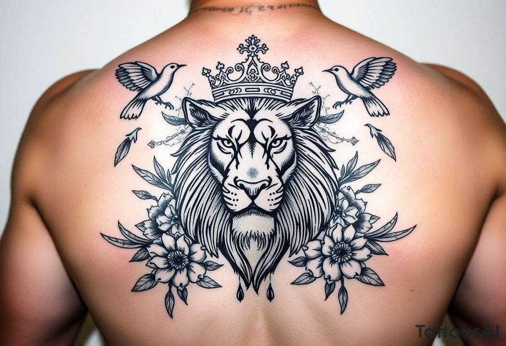 powerful majestic lion with a crown, surrounded by floral ornaments and birds tattoo idea