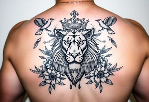 powerful majestic lion with a crown, surrounded by floral ornaments and birds tattoo idea