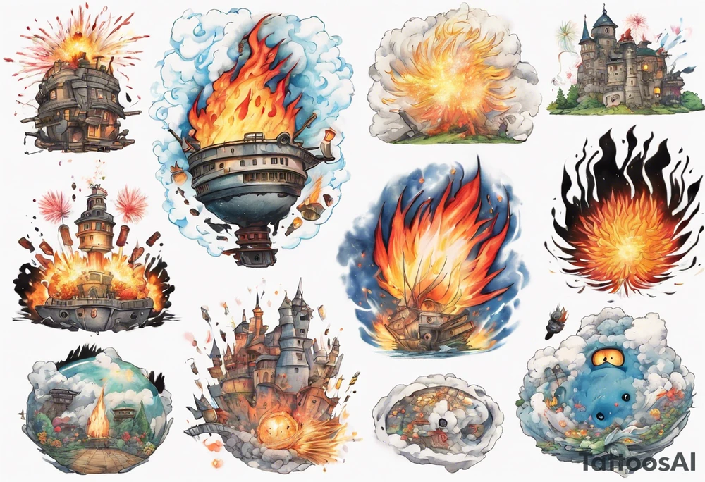 howl’s moving castle, calcifer, sophia, howl, fireworks, anime, studio ghibli tattoo idea